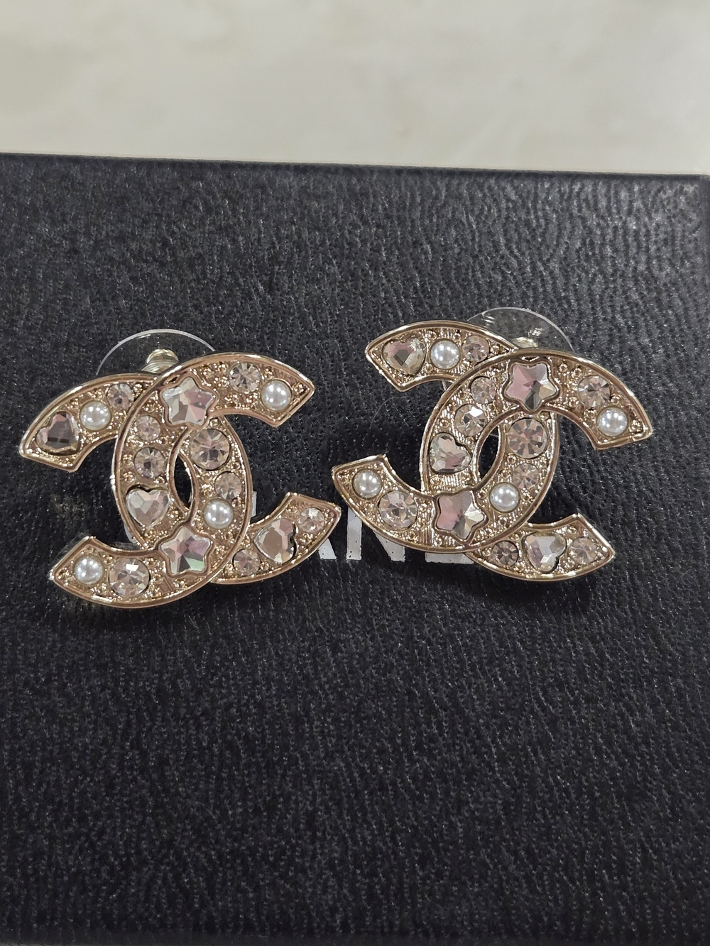 Interlocking CC Style Gold Crystal Stud Earrings